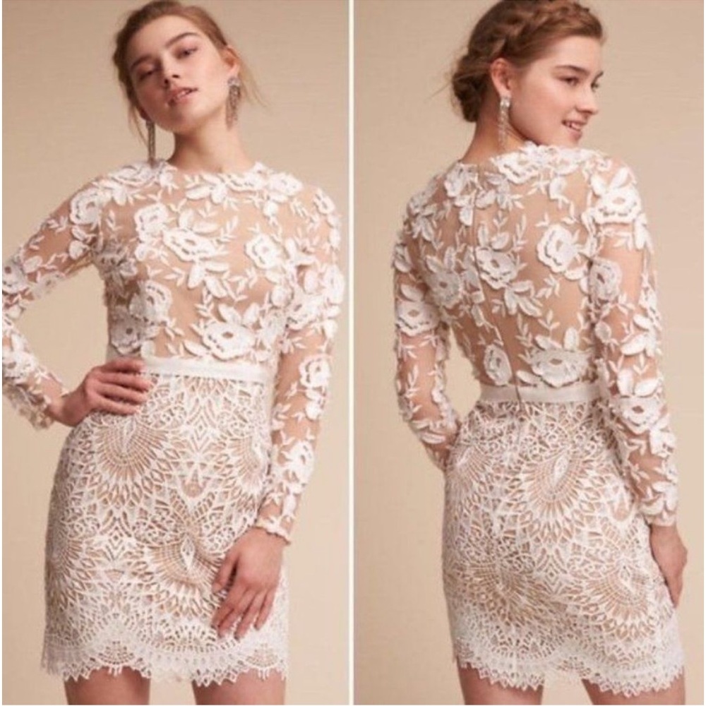 Monique Lhuillier White Floral Lace Long Sleeve Dress